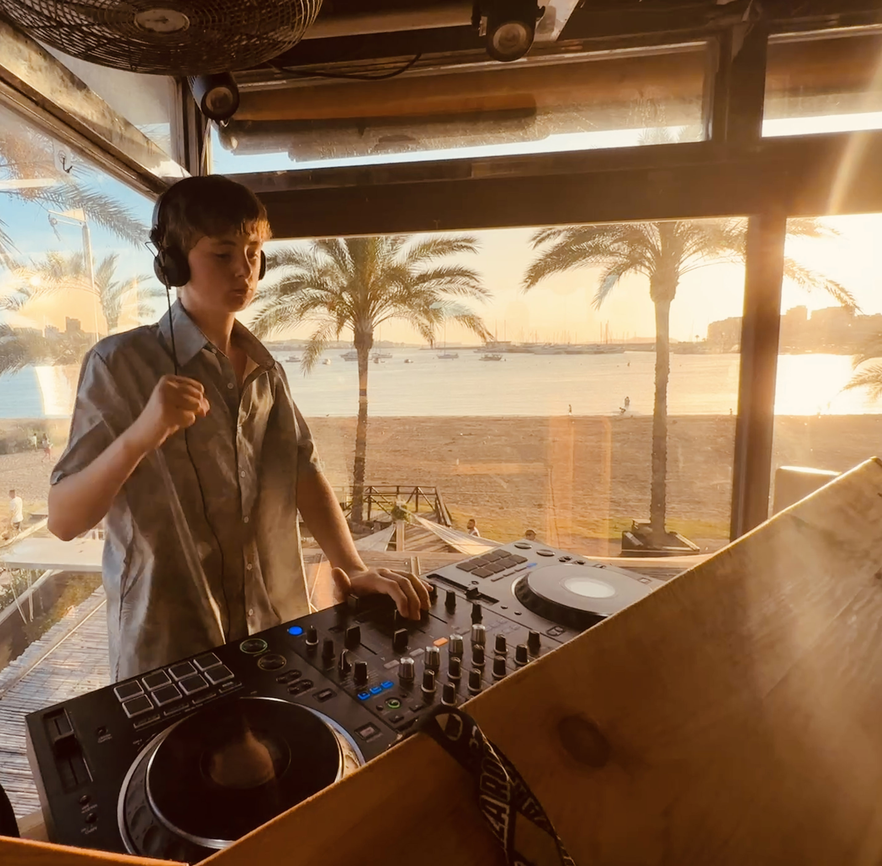 Zac Harris performing sunset DJ set at Itaca Ibiza — Newcastle tech house DJ